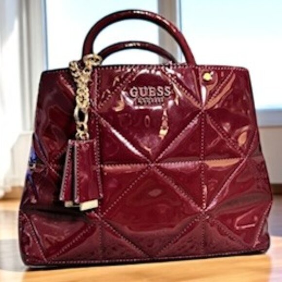 GUESS Quilted Burgundy Patent Leather Satchel | Missing Strap | Rare Find - Picture 1 of 9